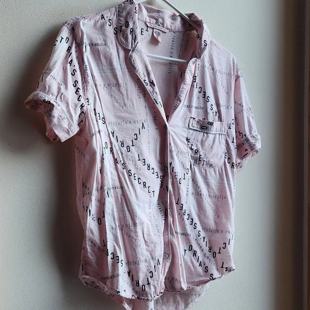 Victoria's Secret Pink/Black Cotton Blend Button Down Pajama Shirt Size Small